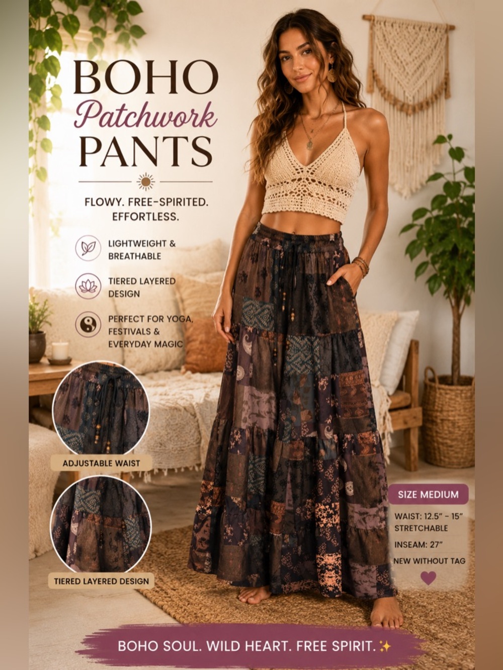 ✨ ROMWE Boho‎ Patchwork Palazzo Pants ✨ Festival Hippie Wide Leg Statement Pants